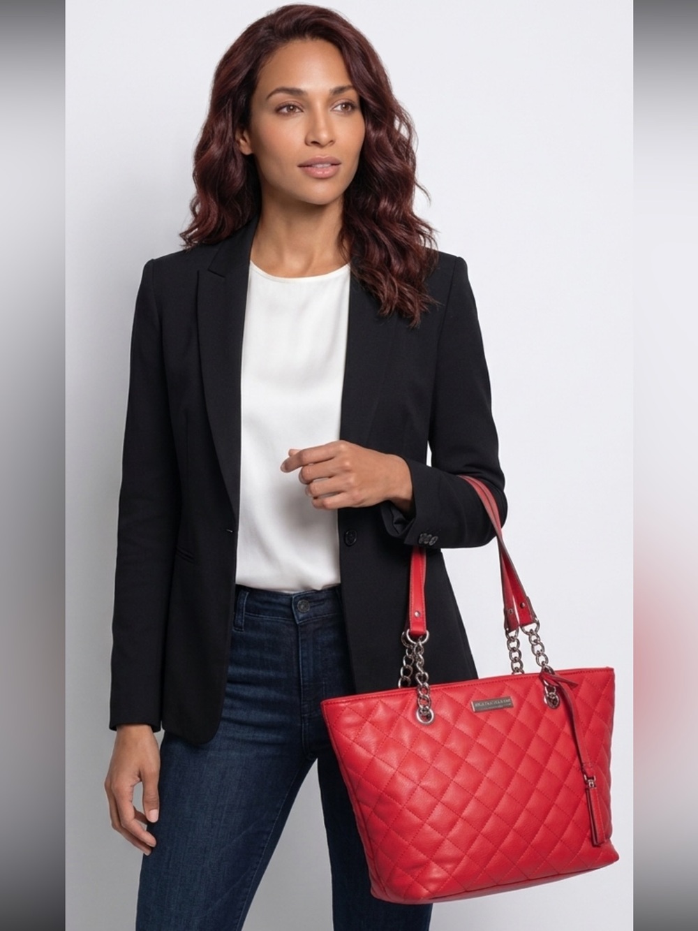 Red Women's Quilted Tote Handbag - Stylish Everyday Work Shoulder Bag New